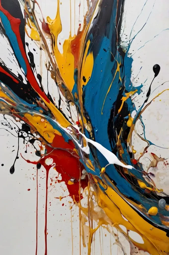 Blue, yellow, red, black and white abstract action painting made by ClassicPlainz