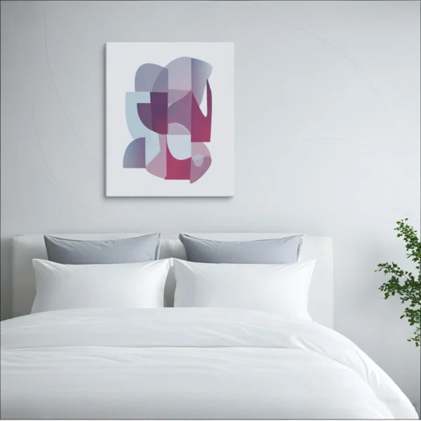 ClassicPlainz Futurama Abstract art Canvas placed above a white bed, behind a white-grey background in a bedroom.