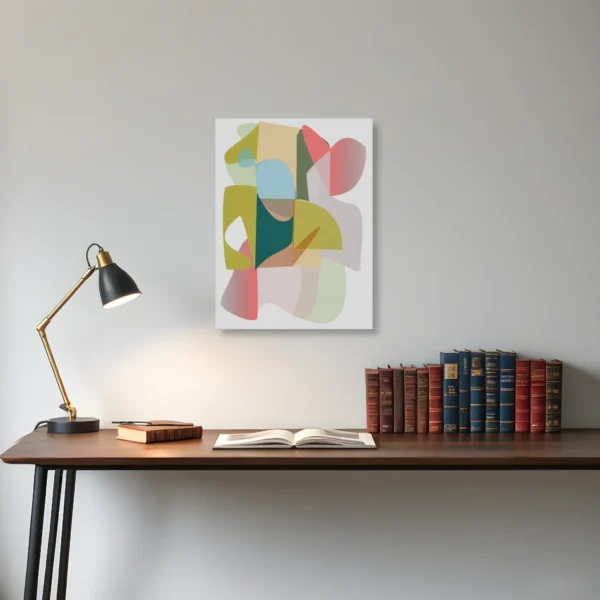 ClassicPlainz Jelly Bean 12x16 Abstract art Canvas placed above a wooden desk, on a white-grey wall in a room.