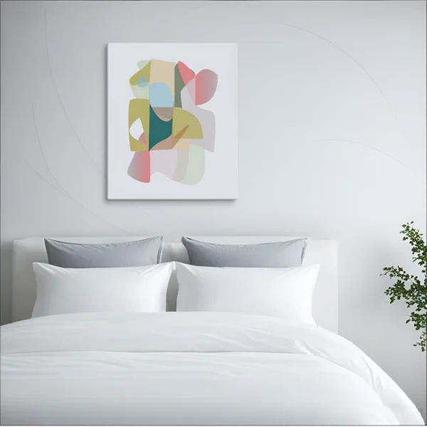 ClassicPlainz Jelly Bean Abstract art Canvas placed above a white bed, behind a white-grey background in a bedroom.