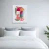 ClassicPlainz Jubilee Dawn Abstract art Canvas placed above a white bed, behind a white-grey background in a bedroom.