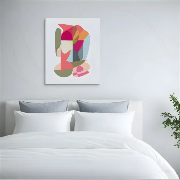 ClassicPlainz Jubilee Dawn Abstract art Canvas placed above a white bed, behind a white-grey background in a bedroom.