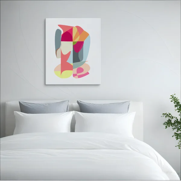 ClassicPlainz Jubilee Springs Abstract art Canvas placed above a white bed, behind a white-grey background in a bedroom.