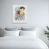 ClassicPlainz Nostalgic Pudding Abstract art Canvas placed above a white bed, behind a white-grey background in a bedroom.