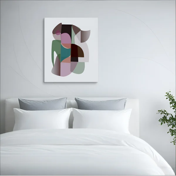 ClassicPlainz Spring Flow Abstract art Canvas placed above a white bed, behind a white-grey background in a bedroom.