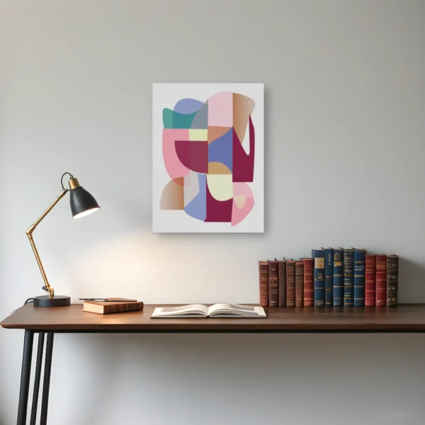 ClassicPlainz Sweet Mix 12x16 Abstract art Canvas placed above a wooden desk, on a white-grey wall in a room.