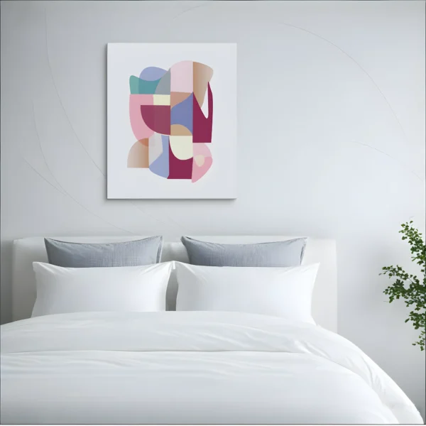 ClassicPlainz Sweet Mix Abstract art Canvas placed above a white bed, behind a white-grey background in a bedroom.