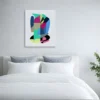 ClassicPlainz Techno Lib Abstract art Canvas placed above a white bed, behind a white-grey background in a bedroom.