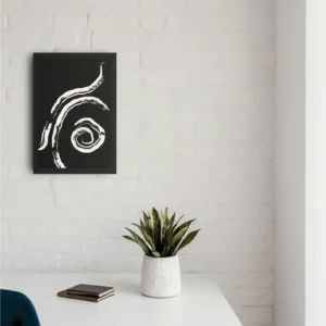 ClassicPlainz Soil Essence black and white abstract framed wall art decor hanging on a plain white wall above a desk with some ornaments on the desk, in a bedroom