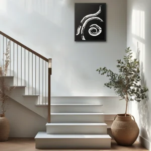 ClassicPlainz Soil Essence black and white abstract framed wall art decor hanging on a white wall along the staircase