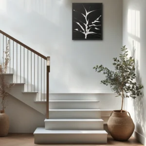 ClassicPlainz Sprouting Roots black and white abstract framed wall art decor hanging on a white wall along the staircase