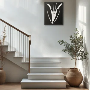 ClassicPlainz Wheat Sprout black and white abstract framed wall art decor hanging on a white wall along the staircase