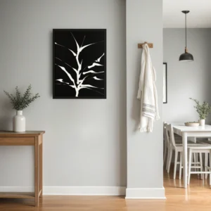 ClassicPlainz Sprouting Roots black and white abstract framed wall art decor hanging on a greyish wall in a kitchen