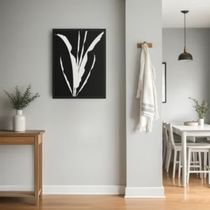 ClassicPlainz Wheat Sprout black and white abstract framed wall art decor hanging on a greyish wall in a kitchen