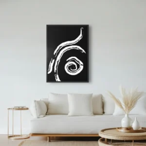 ClassicPlainz Soil Essence black and white abstract wall art decor hanging on a plain white wall above a sofa in a living room