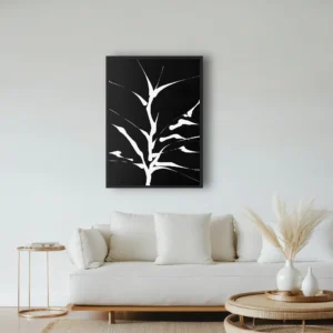 ClassicPlainz Sprouting Roots black and white abstract framed wall art decor hanging on a plain white wall above a sofa in a living room