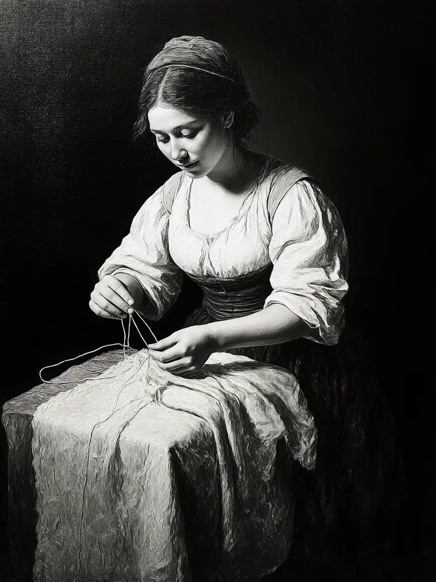 Black and white portrait painting of a woman weaving in mild light by ClassicPlainz