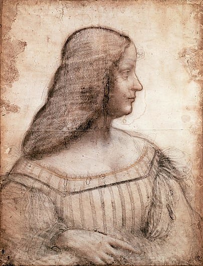 Portrait of Isabella d'Este by Leonardo Da Vinci on canvas painted with red and black chalk