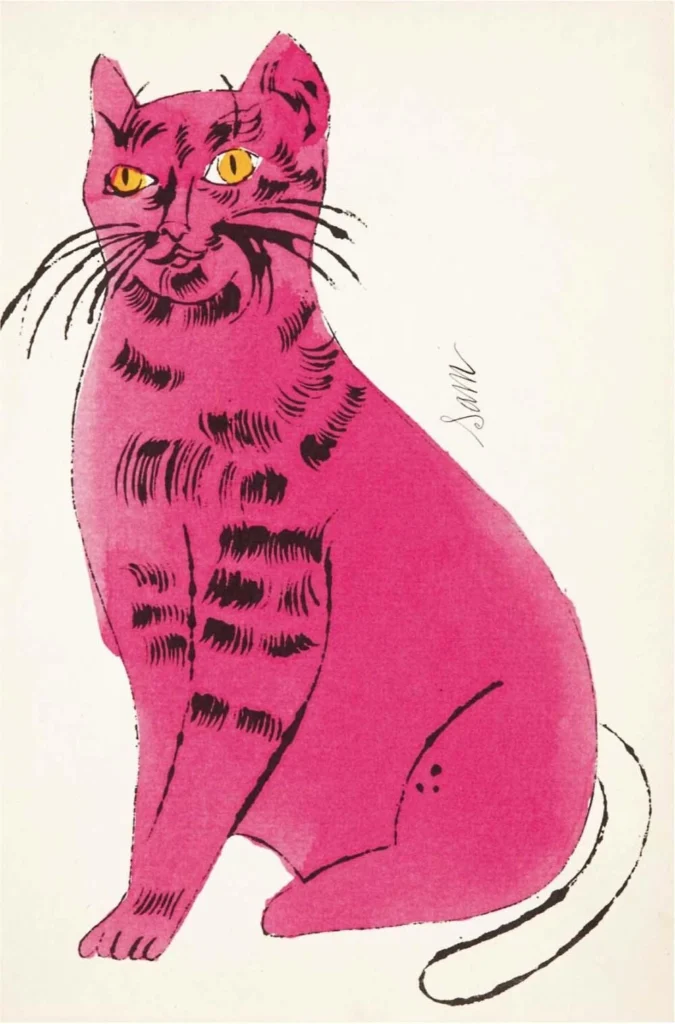 Andy Warhol's cat named Sam painting depicting a pink colored brave looking cat