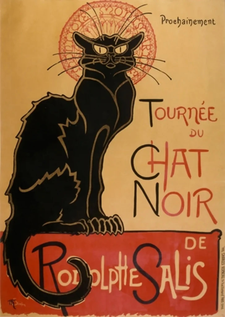 Théophile Steinlen's paint depiction of a black cat and some words in french in the painting